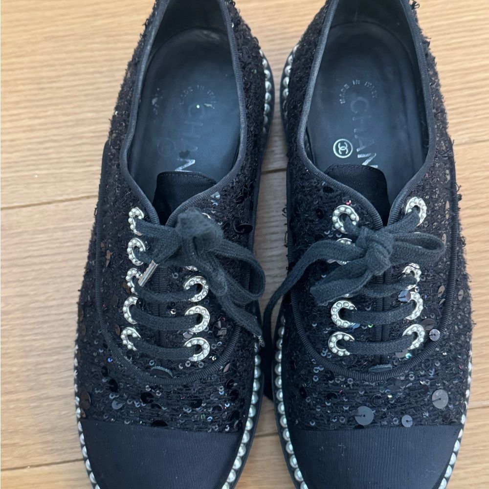 Chanel Black Sequin Oxford Sneakers with Pearl Detailing - Picture 6 of 6